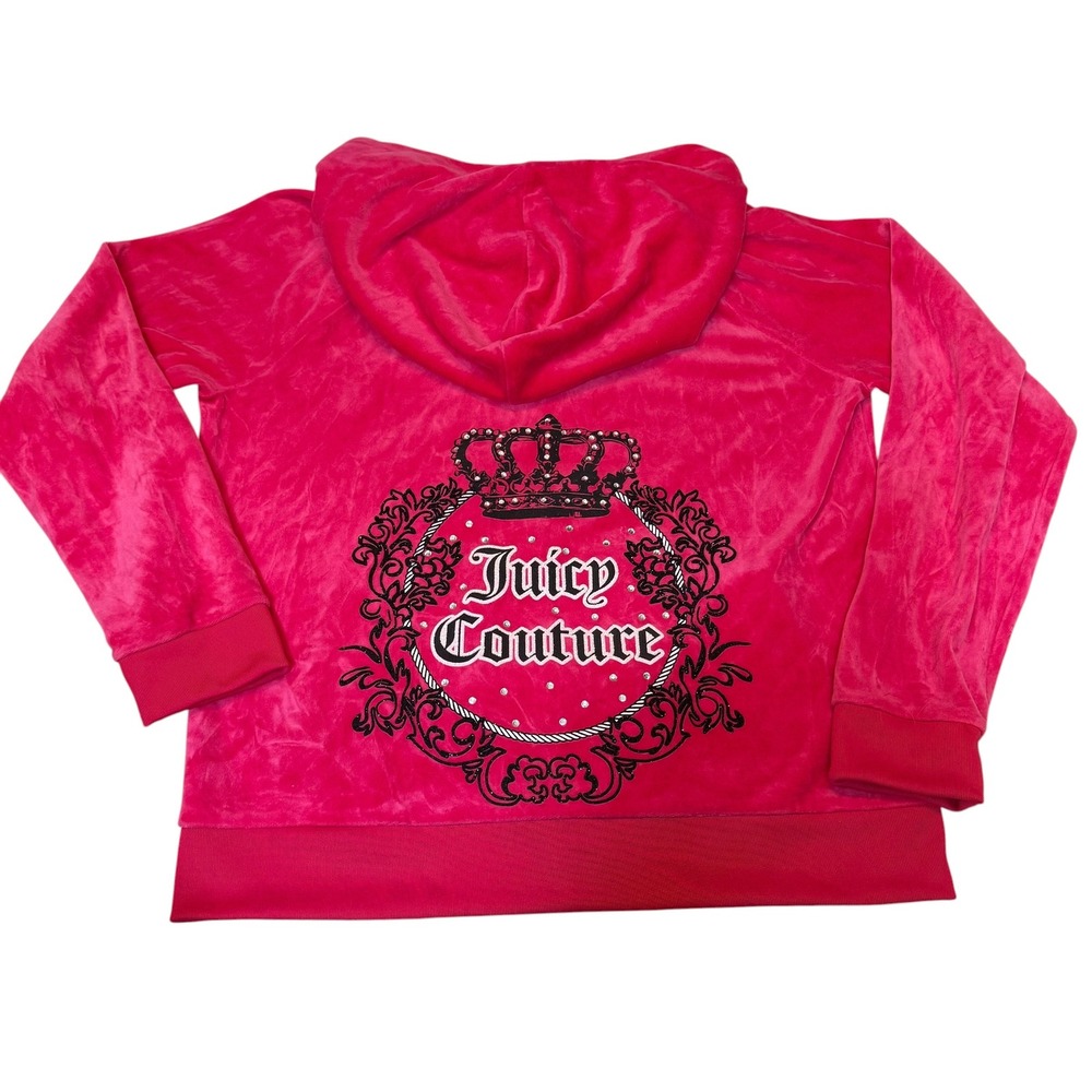 Y2K Juicy Couture Full Zip Hoodie Sweatshirt Hot Pink Bling Rhinestone Size XL
